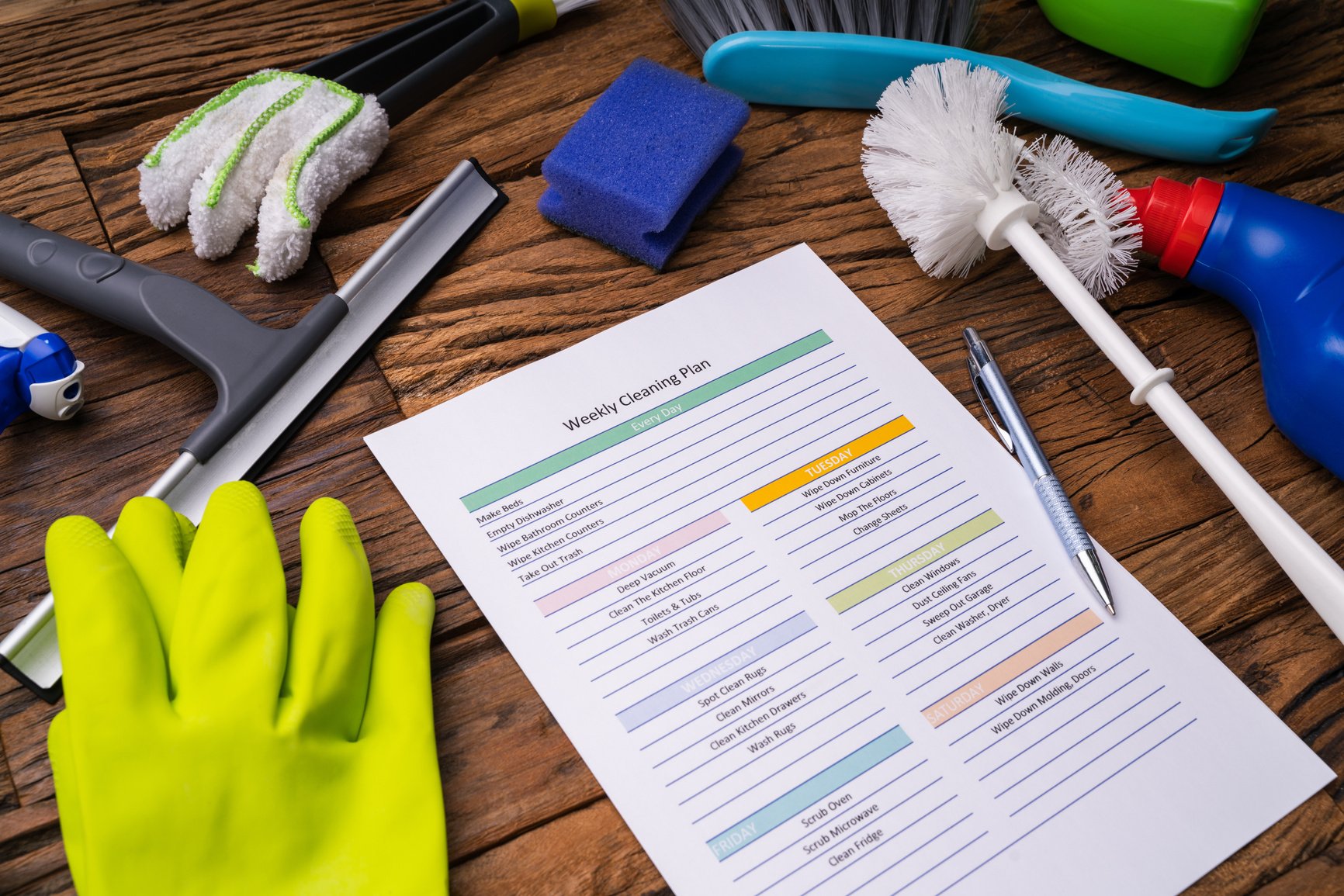 Cleaning Products Around Weekly Cleaning Plan Form With Pen